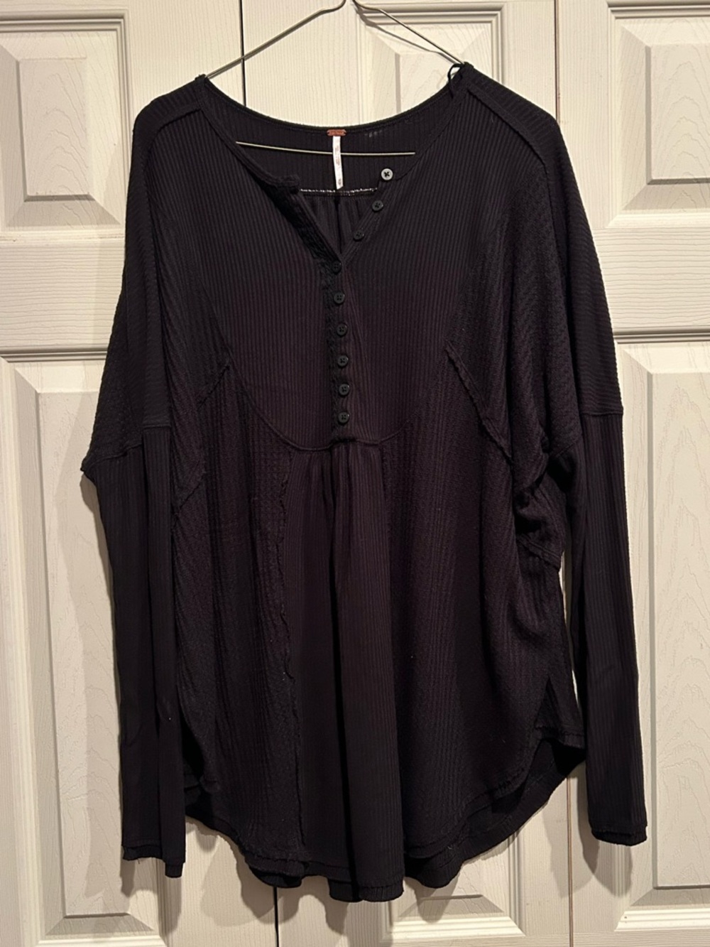 Free People Black Ribbed Henley Long-Sleeve Top